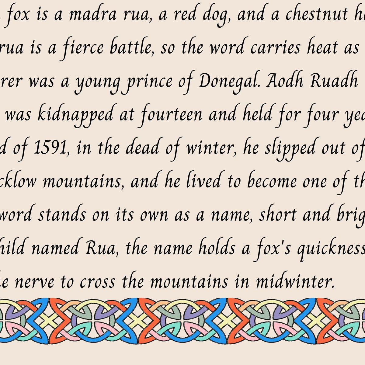 Closeup of the story text and Celtic knotwork border on the Rua name print