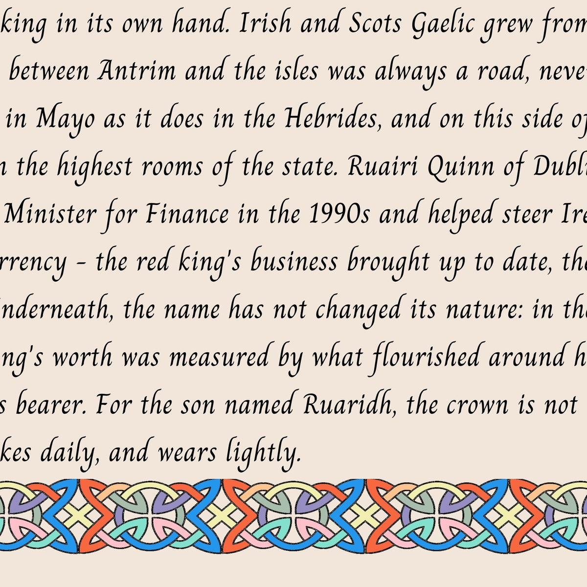 Closeup of the story text and Celtic knotwork border on the Ruaridh name print
