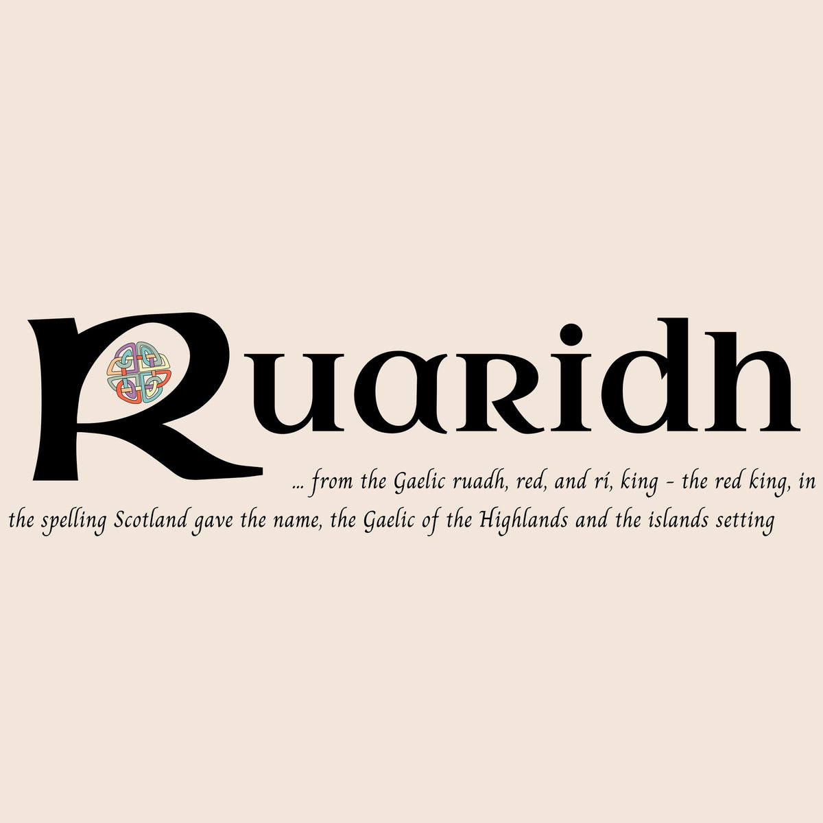 Closeup of the name Ruaridh in Celtic calligraphy with decorated capital