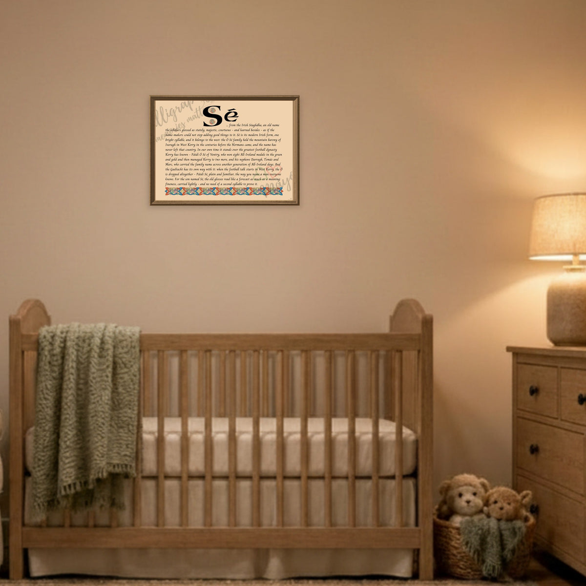 Sé Celtic name print framed above a cot in a warm nursery