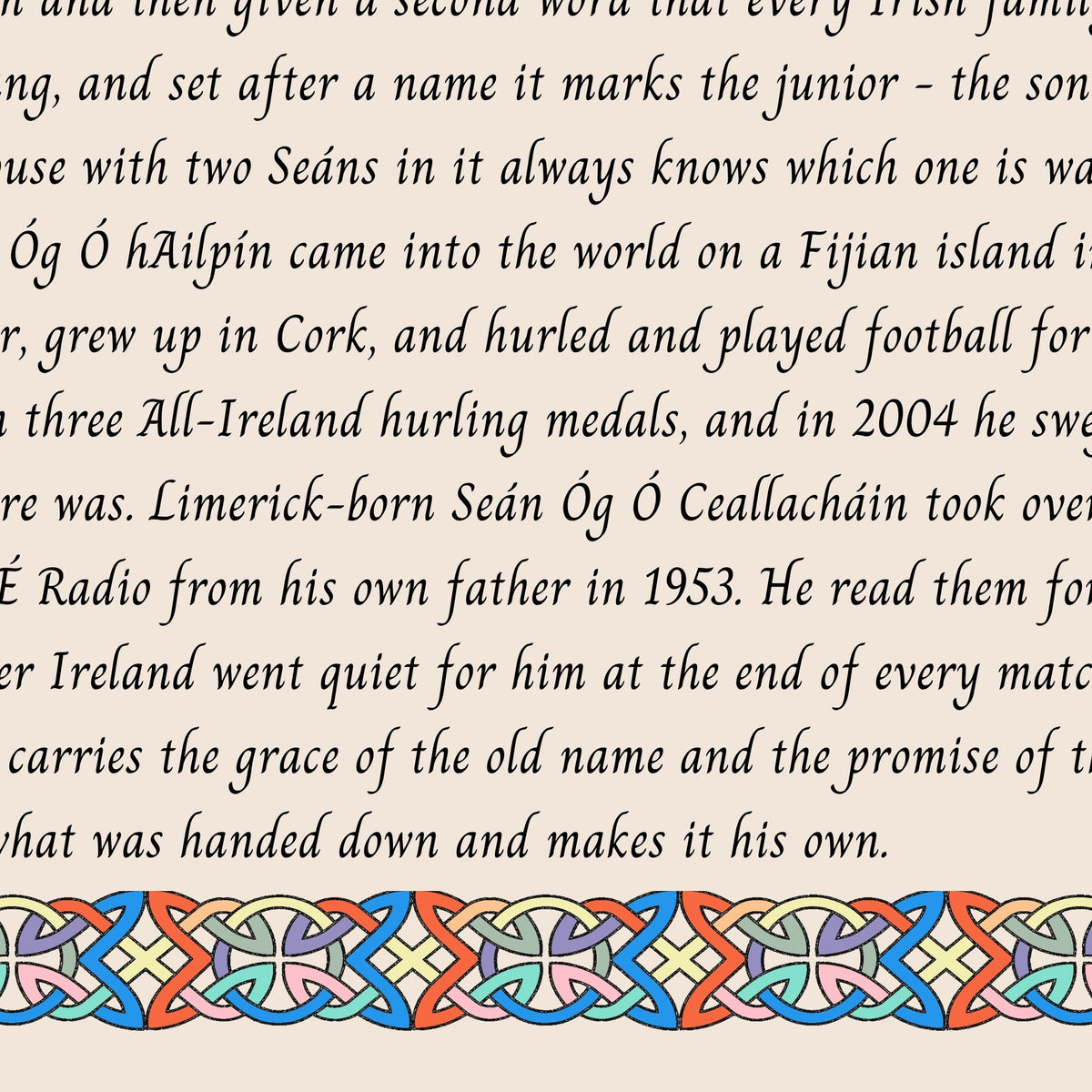 Closeup of the story text and Celtic knotwork border on the Seán Óg name print