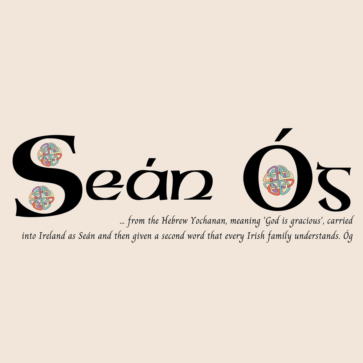 Closeup of the name Seán Óg in Celtic calligraphy with decorated capital