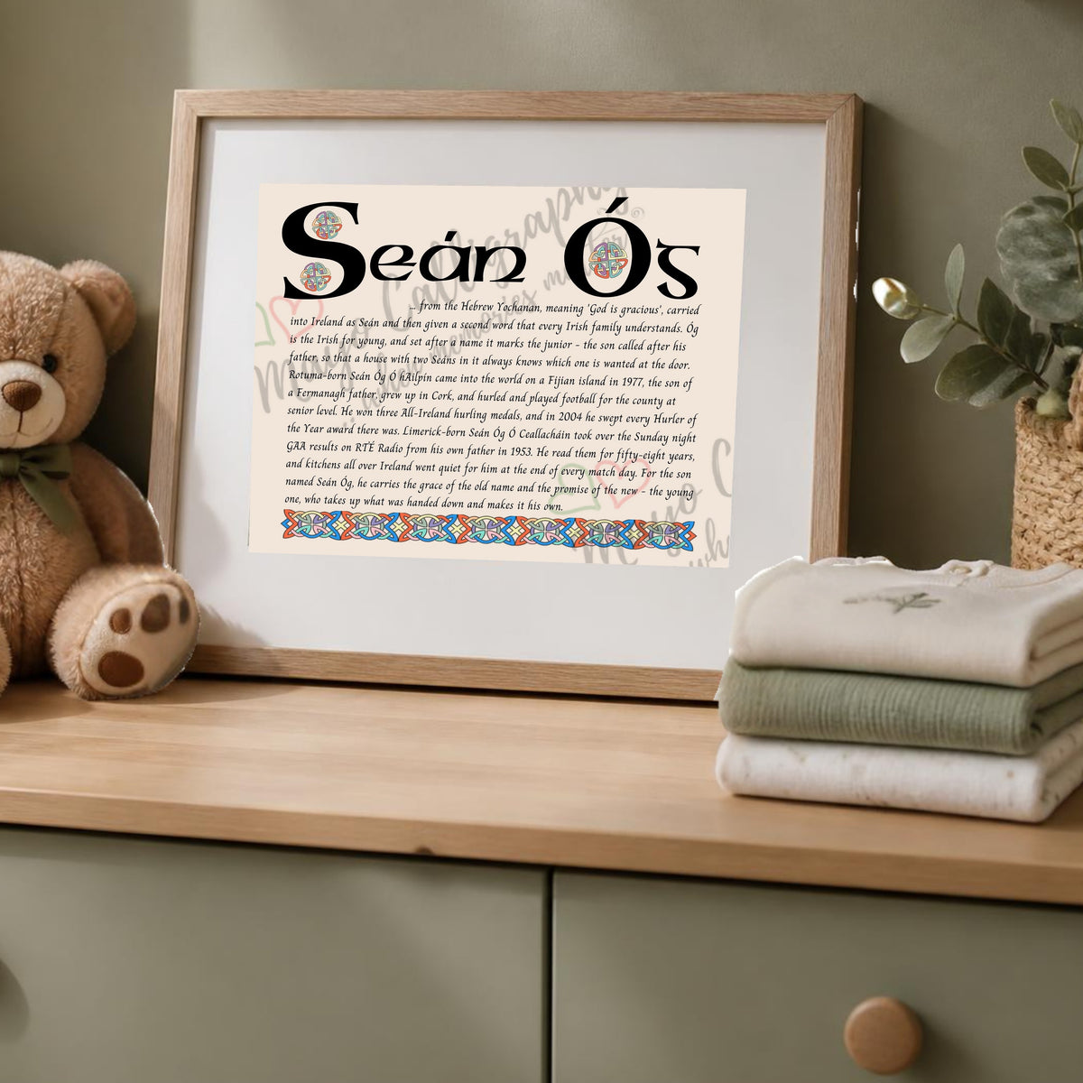 Seán Óg Celtic name print in a wooden frame on a dresser with a teddy bear