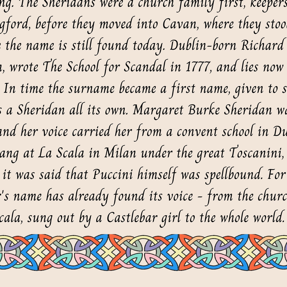 Closeup of the story text and Celtic knotwork border on the Sheridan name print