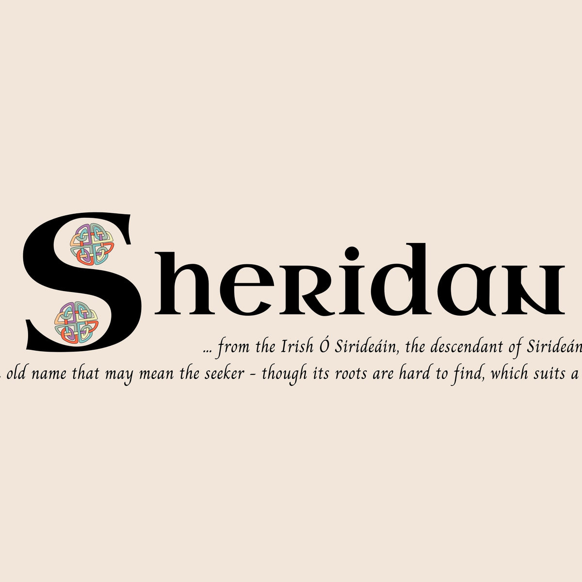 Closeup of the name Sheridan in Celtic calligraphy with decorated capital