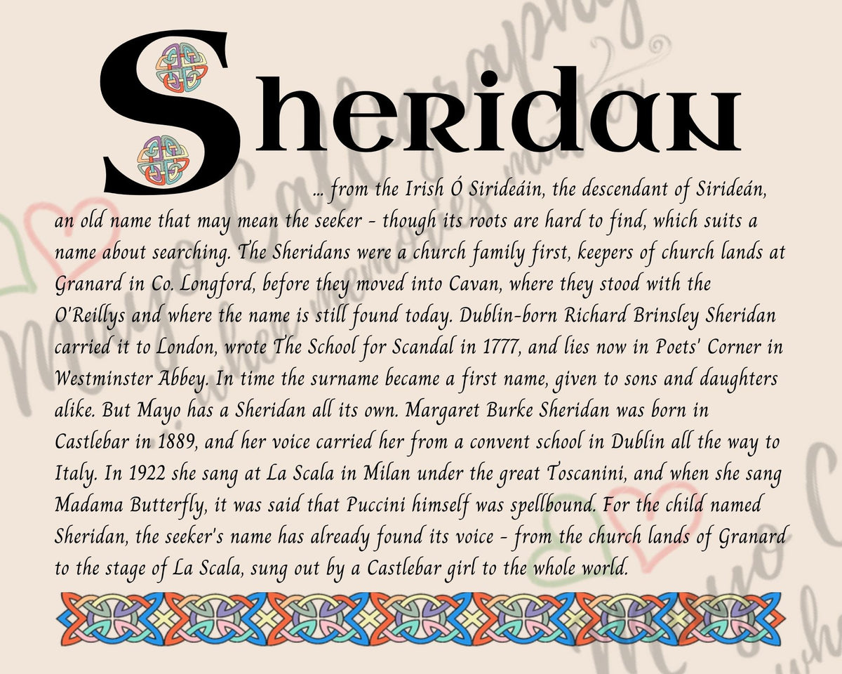 Celtic name print for Sheridan - designed in Celtic Uncial script with original Celtic knotwork border, meaning 'the seeker', the name of Castlebar-born soprano Margaret Burke Sheridan, who sang at La Scala in 1922, digital download by Mayo Calligraphy