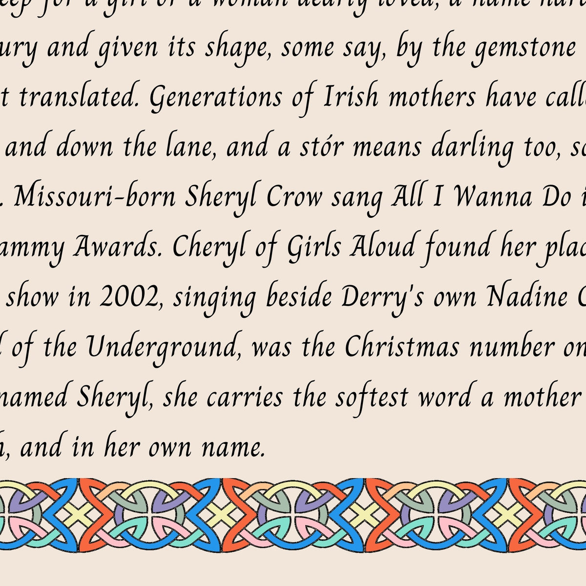 Closeup of the story text and Celtic knotwork border on the Sheryl name print