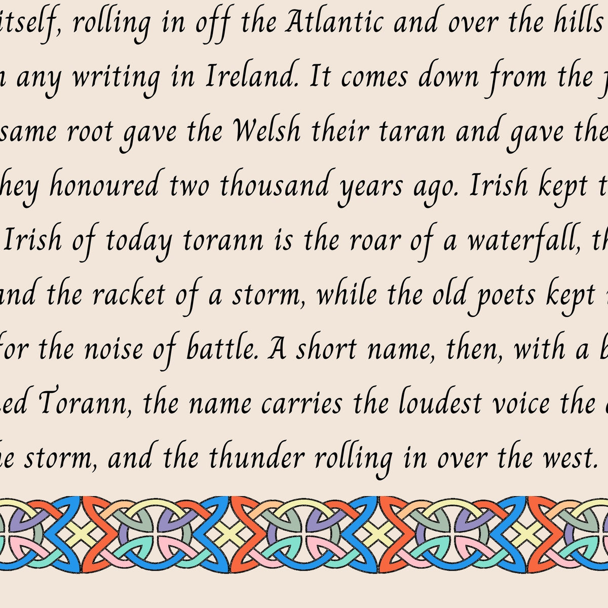 Closeup of the story text and Celtic knotwork border on the Torann name print