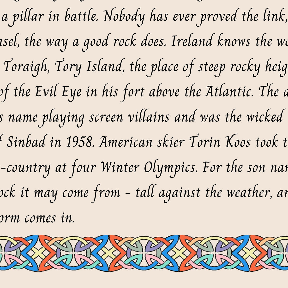 Closeup of the story text and Celtic knotwork border on the Torin name print