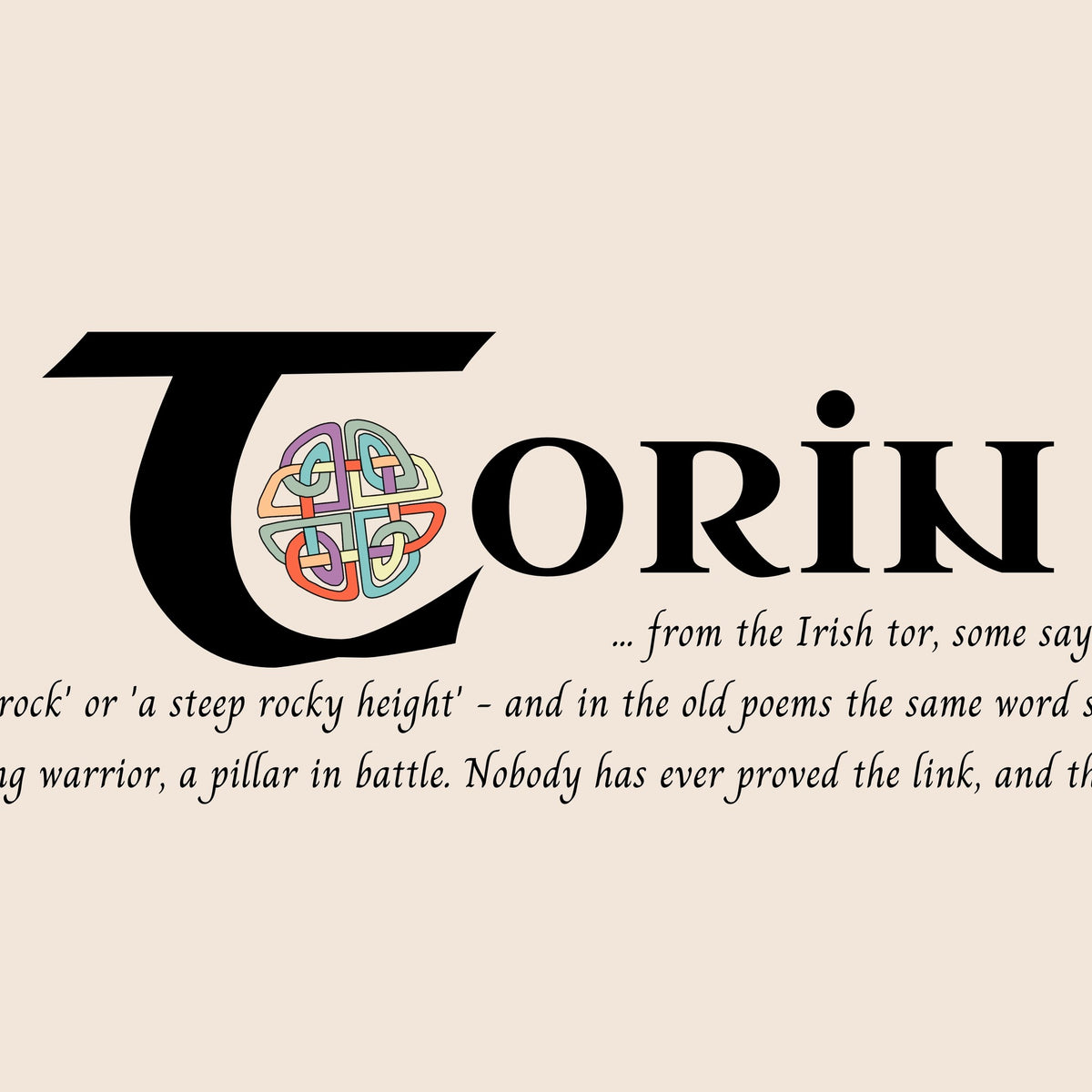 Closeup of the name Torin in Celtic calligraphy with decorated capital