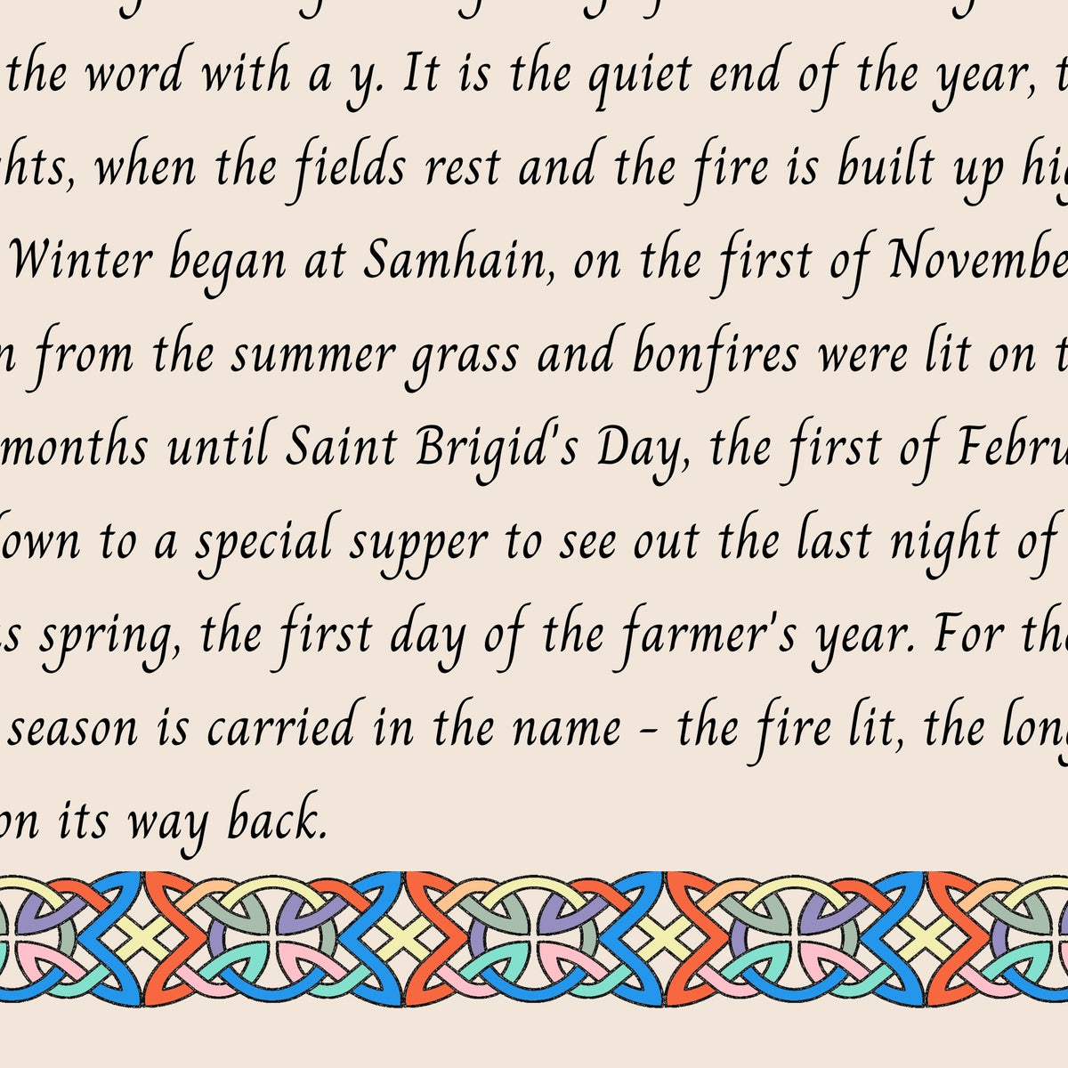 Closeup of the story text and Celtic knotwork border on the Wynter name print