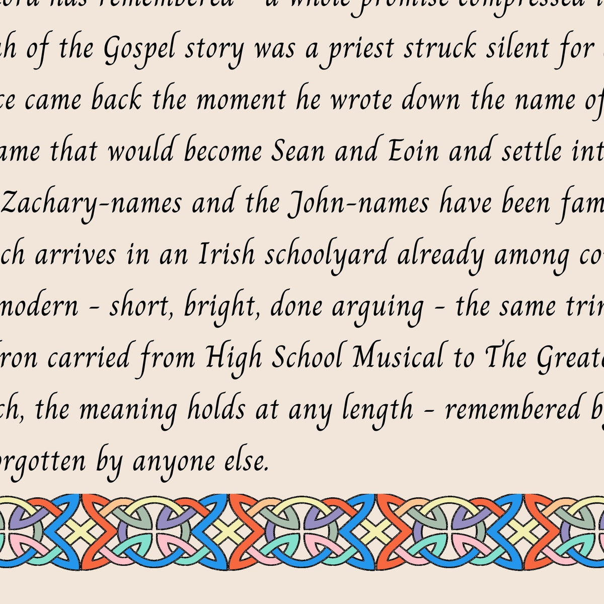 Closeup of the story text and Celtic knotwork border on the Zach name print